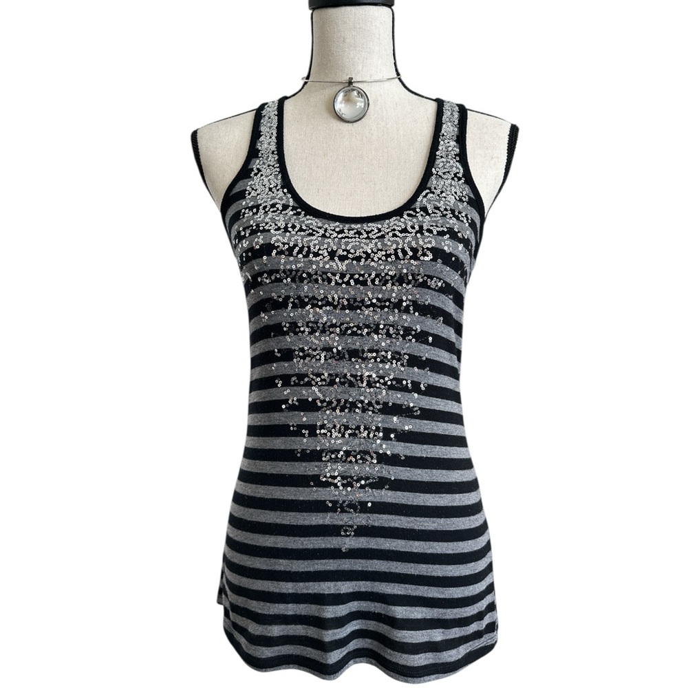 Rivet & Blues Black Gray Striped Sequin Tank Top | Y2K Glam | Size Small